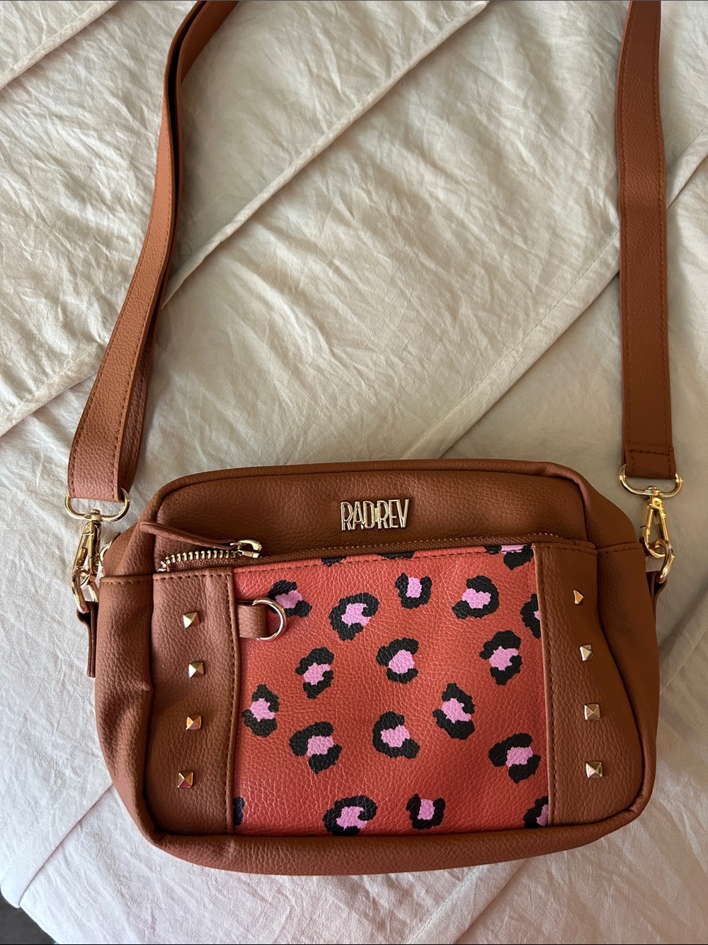 Radley Brown Leather Crossbody Bag with Pink Leopard Accent